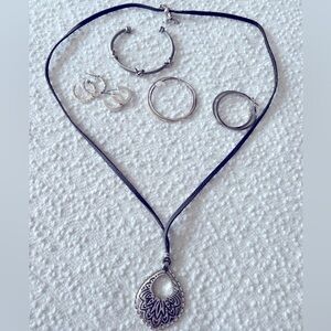 Jewelry Lot || Silver Pendant Long Necklace Hoops Cuff Bracelet